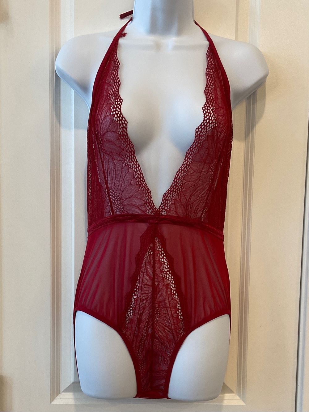 New Red Lace Halter Bodysuit - Sheer Plunge Lingerie Teddy
